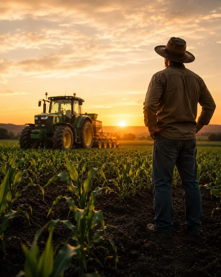 A farmer looking over a field of young crops at sunset, with a tractor in the distance